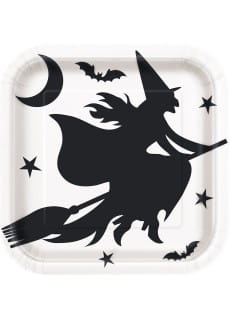 Talerzyki jednorazowe na Halloween CZAROWNICA kwadratowe 23cm (8szt.)