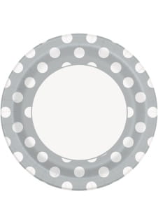Talerzyki jednorazowe SREBRNE w biae kropki 23cm (8szt.)