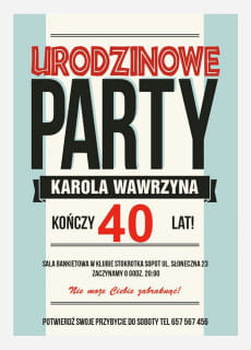 Zaproszenia na 40 urodziny URODZINOWE PARTY personalizowane