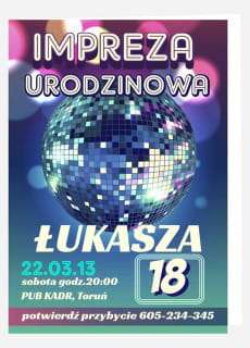 Zaproszenia personalizowane DISCO zaproszenia urodzinowe