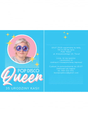Zaproszenia urodzinowe personalizowane POP DISCO QUEEN zaproszenia ze zdjciem